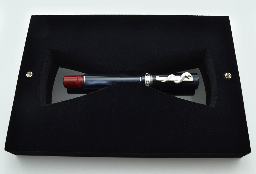 Delta Hippocratica Fountain Pen - Blue & Red Resin, Rhodium Trim